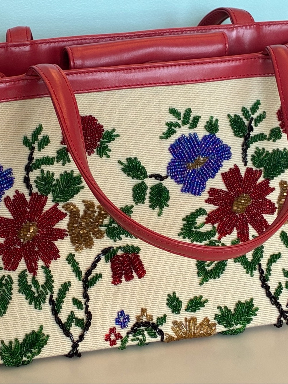 Nicole Miller Beaded Floral Canvas Tote Satchal with Red Leather Trim